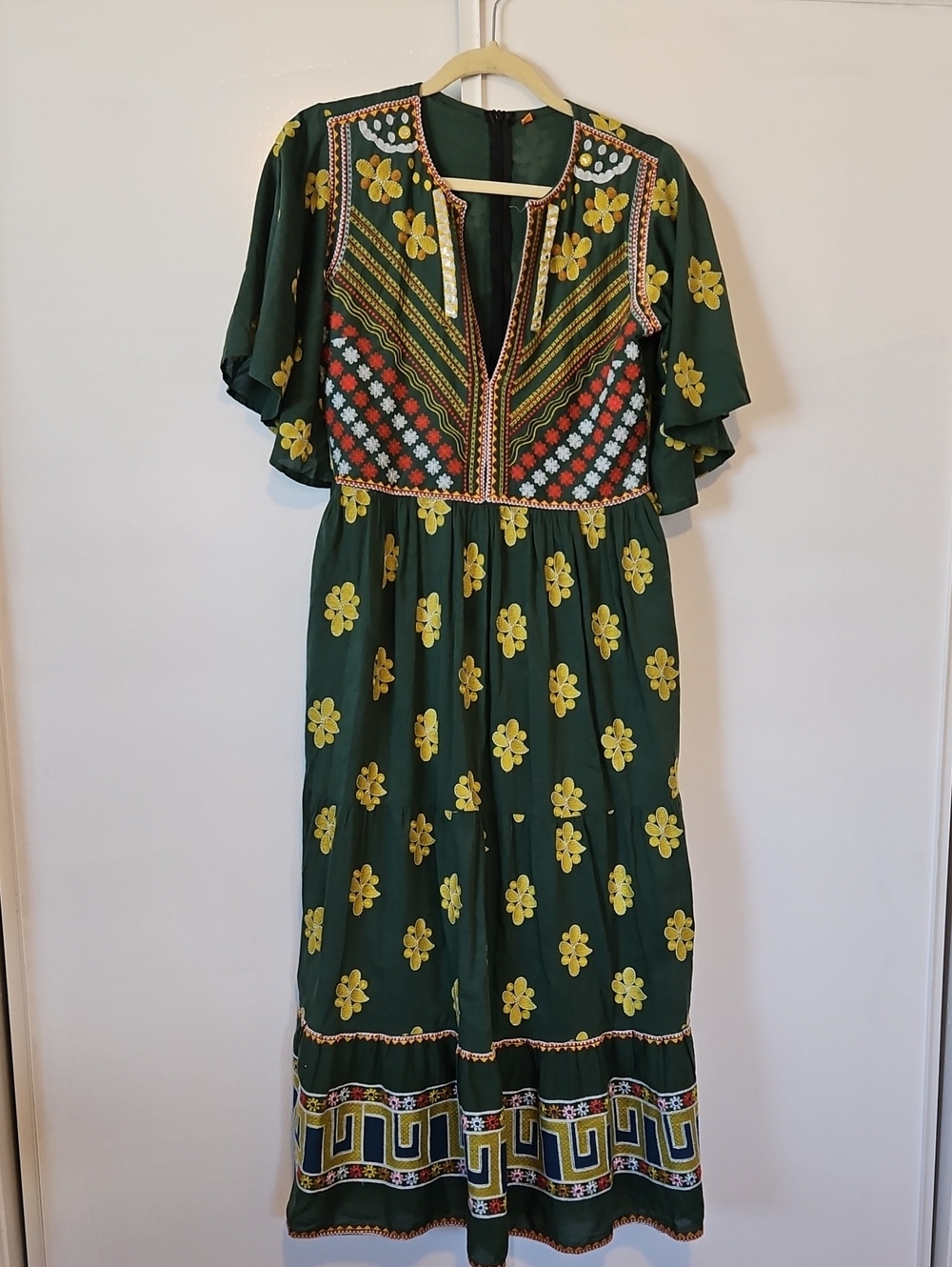 Oliphant Dark Green Maxi Dress with Yellow Floral Print